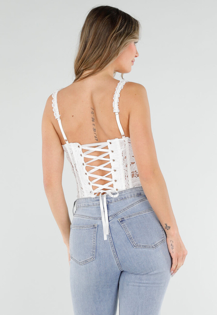 Witte Kanten Korset Top met Vetersluiting