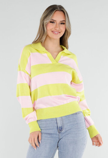 Geel Roze Gestreepte Trui met Kraag