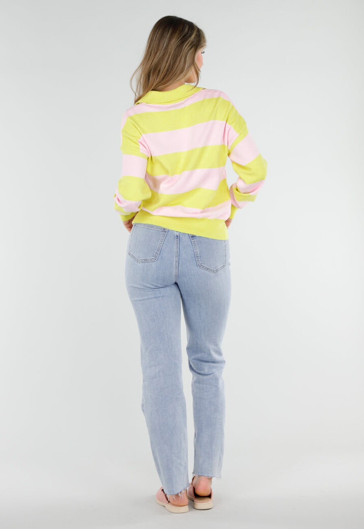 Geel Roze Gestreepte Trui met Kraag en Lange Mouwen