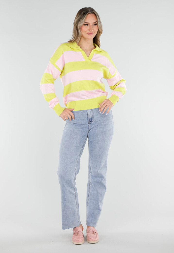 Geel Roze Gestreepte Trui met Kraag en Lange Mouwen