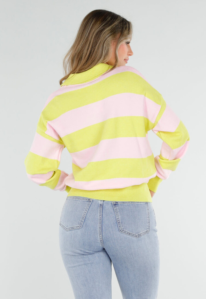 Geel Roze Gestreepte Trui met Kraag en Lange Mouwen