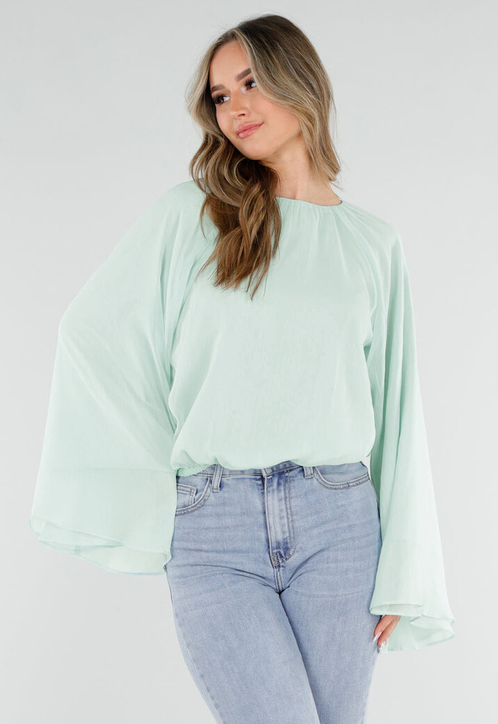 Turquoise Blouse met Wijde Lange Mouwen