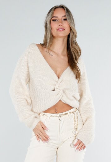 Crème Gebreide Twist Crop Trui
