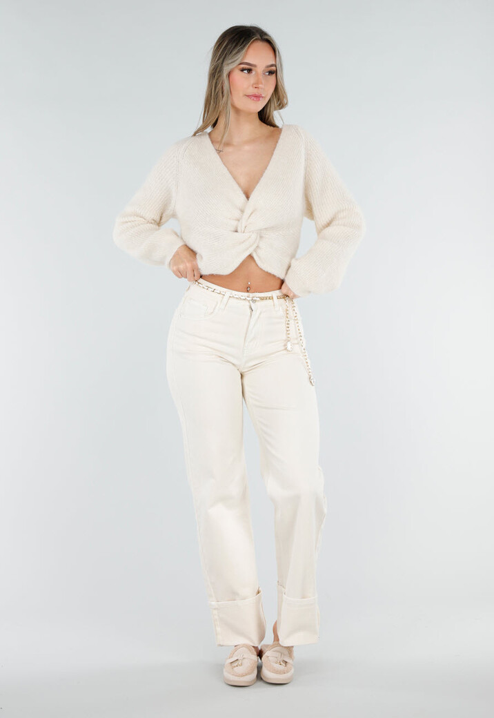 Beige Gebreide Twist Crop Trui met Lange Mouwen en V-Hals