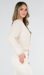 Beige Gebreide Twist Crop Trui met Lange Mouwen en V-Hals