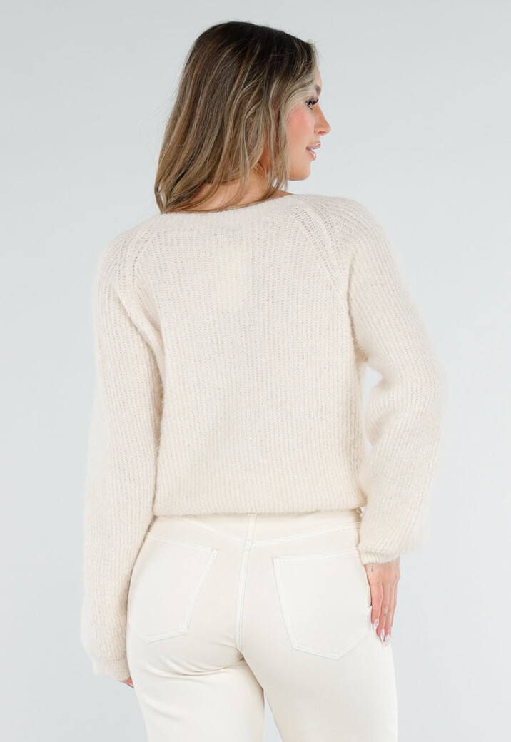 Beige Gebreide Twist Crop Trui met Lange Mouwen en V-Hals