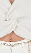 Beige Gebreide Twist Crop Trui met Lange Mouwen en V-Hals
