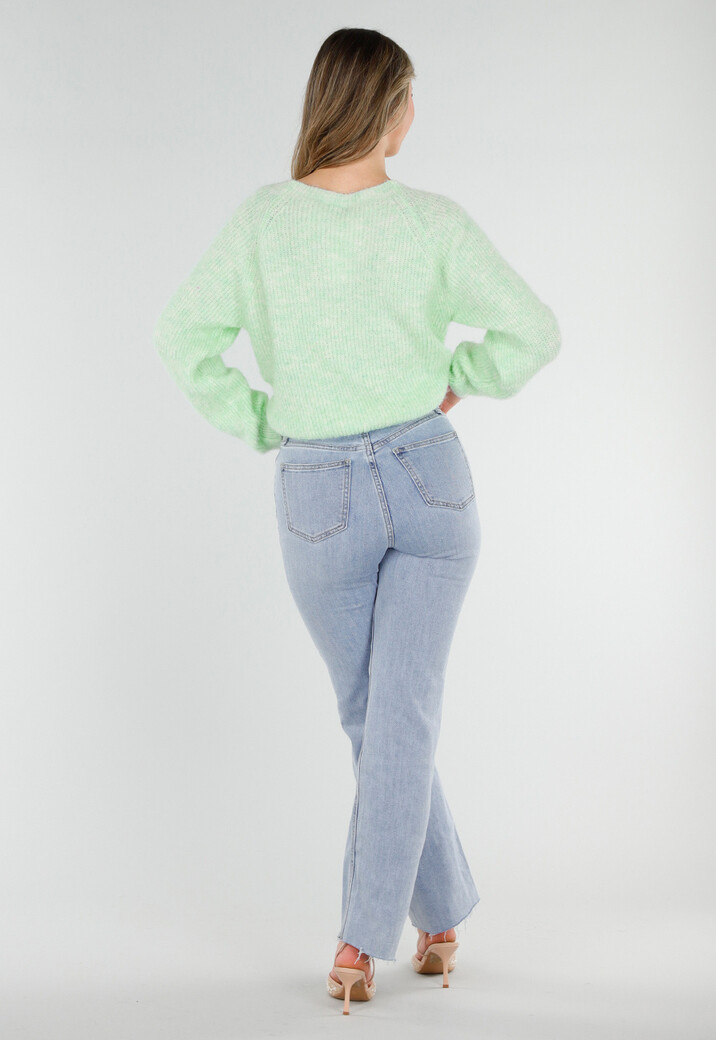 Mintgroene Gebreide Wollen Twist Trui met V Hals en Open Rug