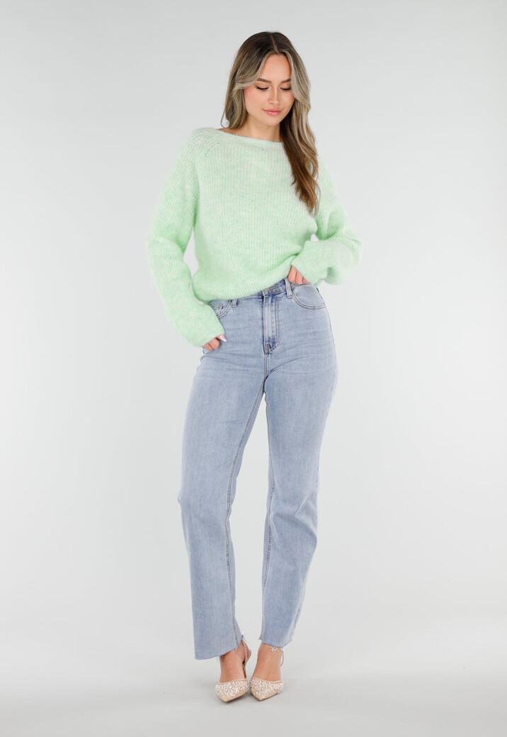 Mintgroene Gebreide Wollen Twist Trui met V Hals en Open Rug