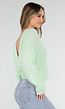 Mintgroene Gebreide Wollen Twist Trui met V Hals en Open Rug