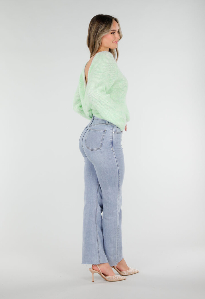 Mintgroene Gebreide Wollen Twist Trui met V Hals en Open Rug