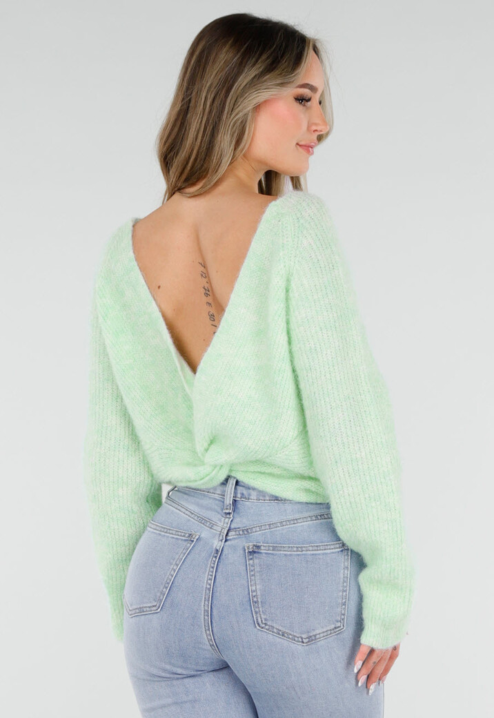 Mintgroene Gebreide Wollen Twist Trui met V Hals en Open Rug
