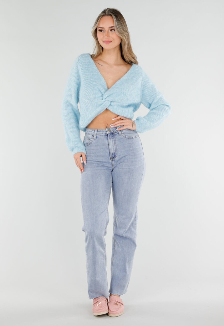 Lichtblauwe Gebreide Trui met Twist en V-Hals