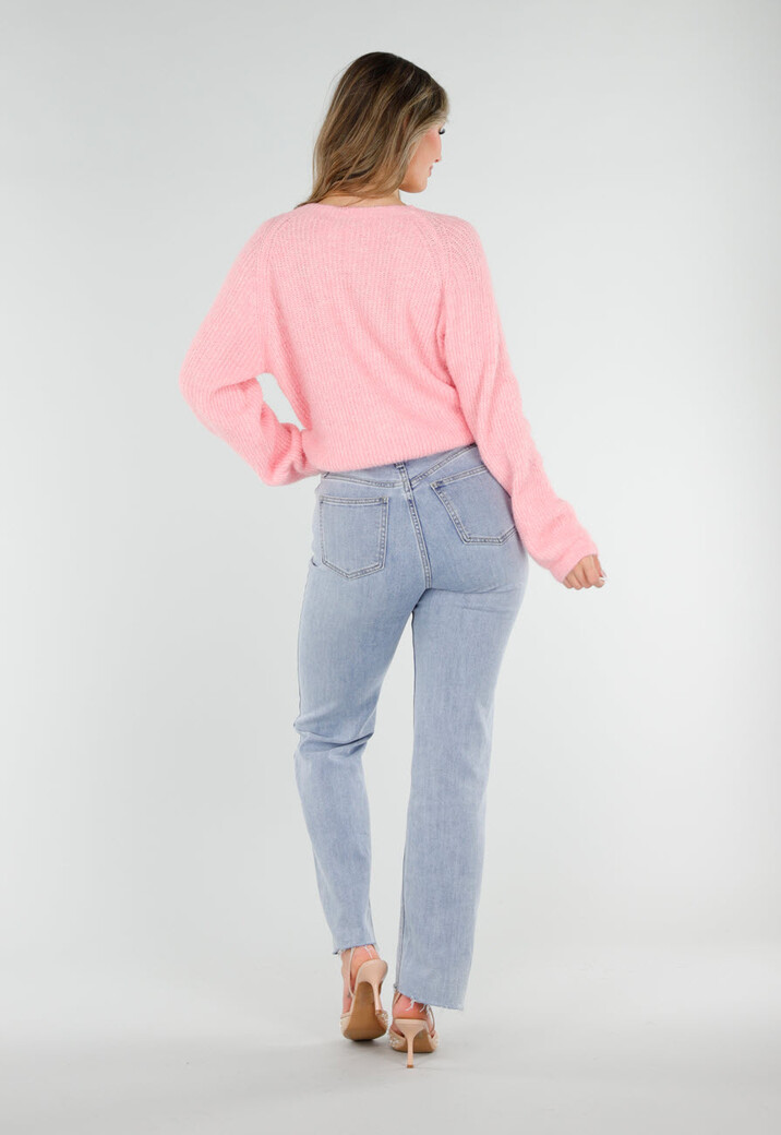 Roze Gebreide Twist Trui met V Hals en Open Rug