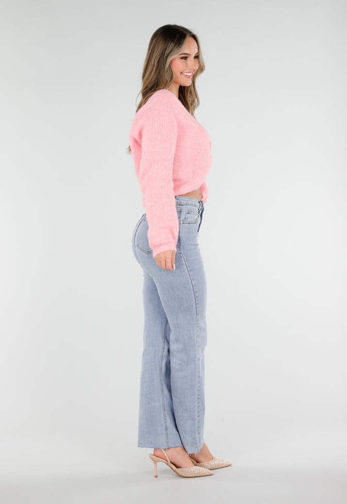 Roze Gebreide Twist Trui met V Hals en Open Rug