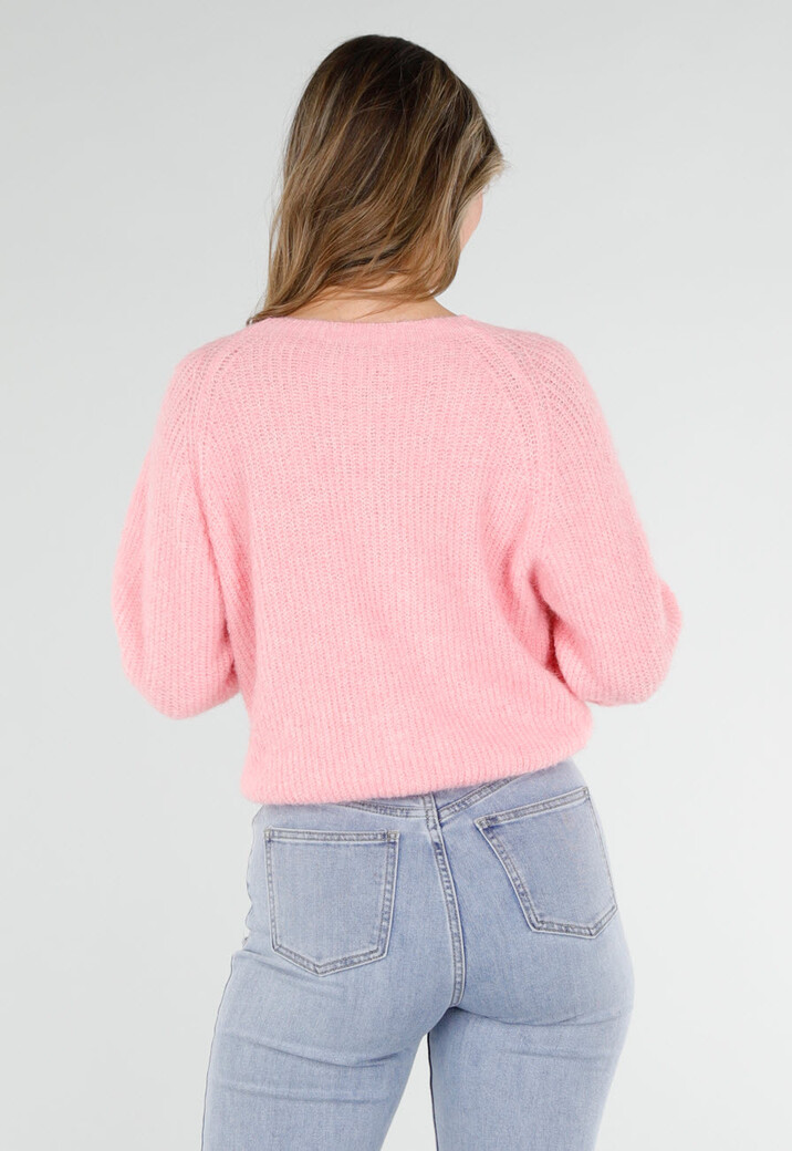 Roze Gebreide Twist Trui met V Hals en Open Rug