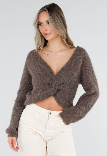 Bruine Gebreide Twist Crop Trui