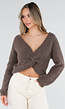 Bruine Gebreide Twist Crop Trui met Lange Mouwen en V-Hals