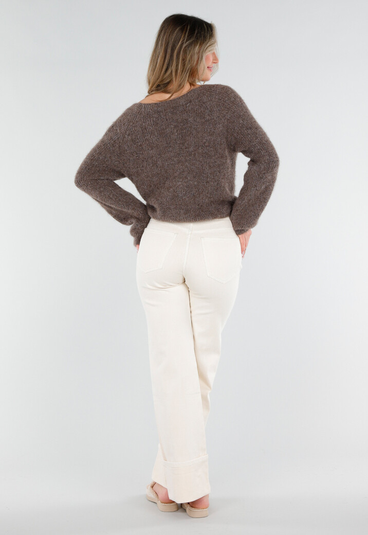 Bruine Gebreide Twist Crop Trui met Lange Mouwen en V-Hals