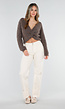 Bruine Gebreide Twist Crop Trui met Lange Mouwen en V-Hals