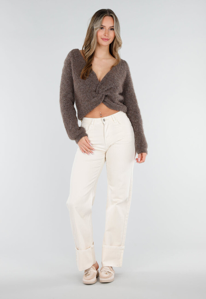 Bruine Gebreide Twist Crop Trui met Lange Mouwen en V-Hals