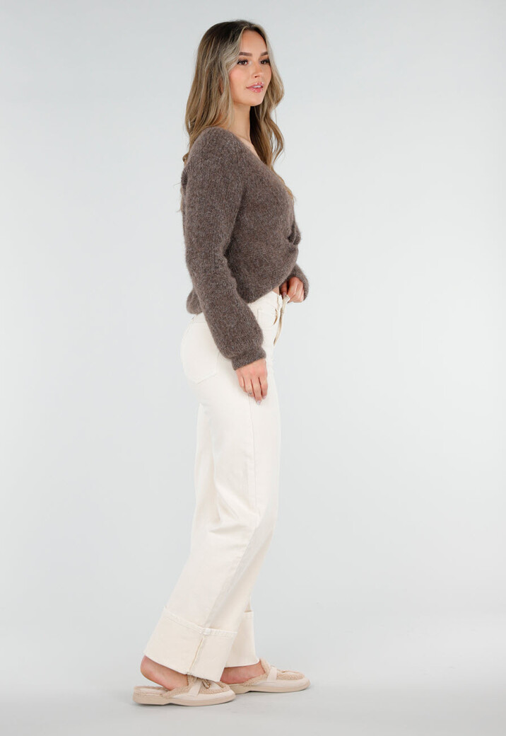 Bruine Gebreide Twist Crop Trui met Lange Mouwen en V-Hals