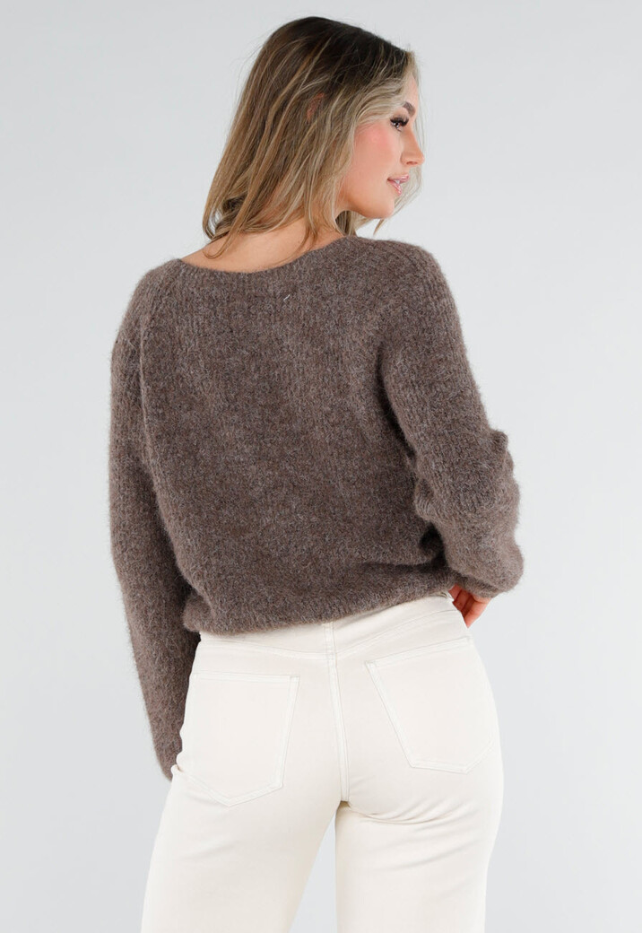 Bruine Gebreide Twist Crop Trui met Lange Mouwen en V-Hals