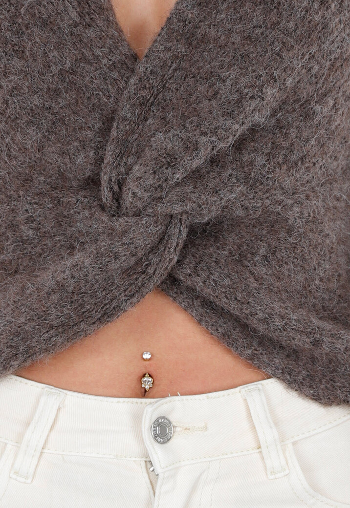 Bruine Gebreide Twist Crop Trui met Lange Mouwen en V-Hals