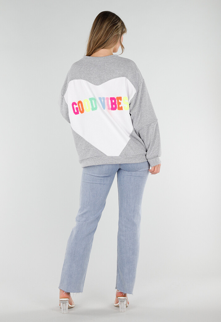 Grijze Oversized Sweater met Good Vibes Print