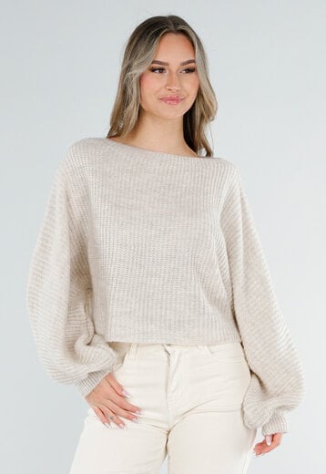 Beige Gebreide Trui met Ballonmouwen
