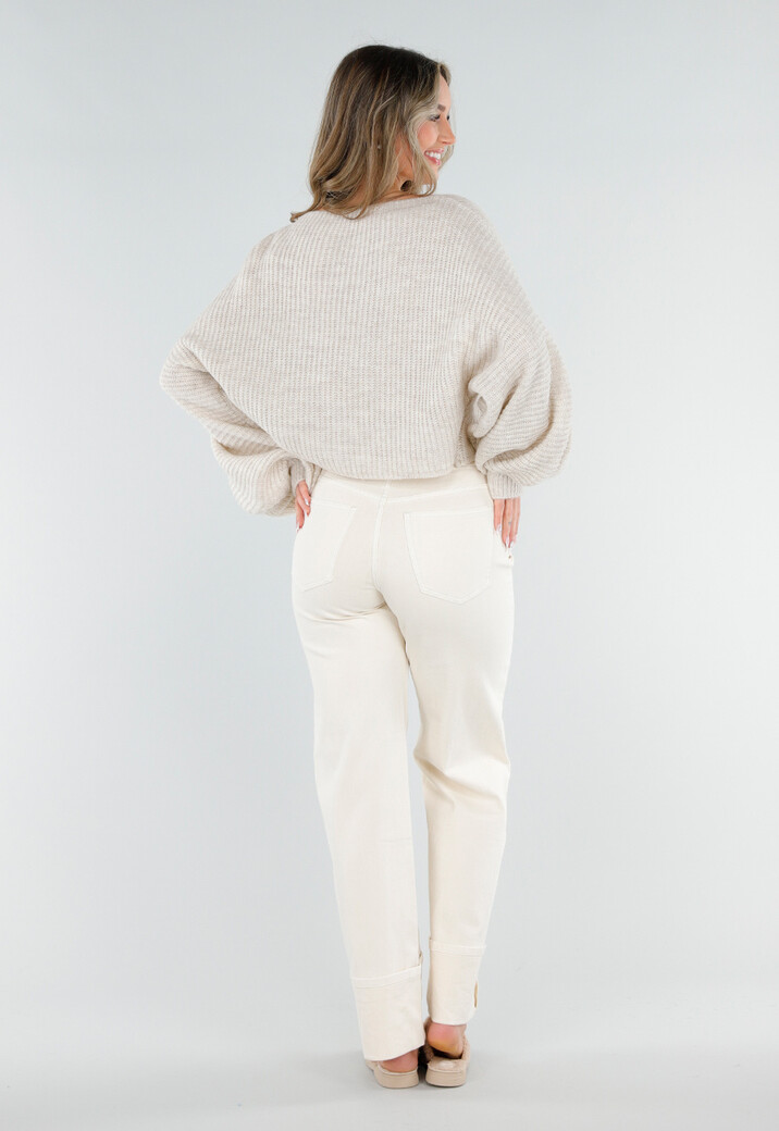 Beige Fijngebreide Trui met Boothals en Ballonmouwen
