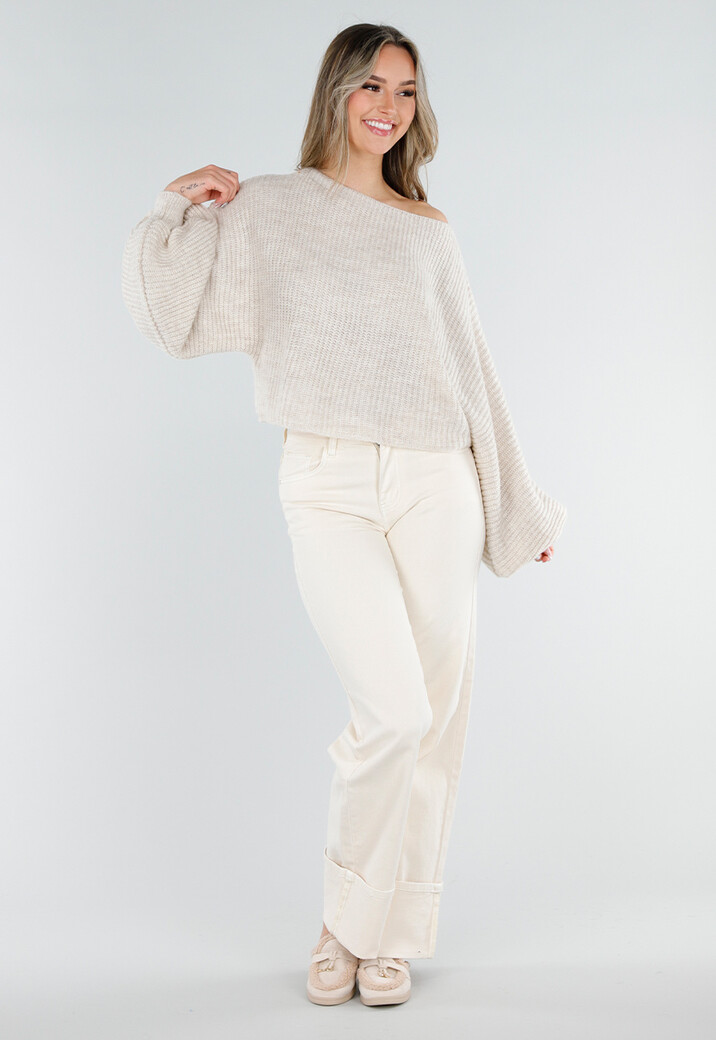 Beige Fijngebreide Trui met Boothals en Ballonmouwen