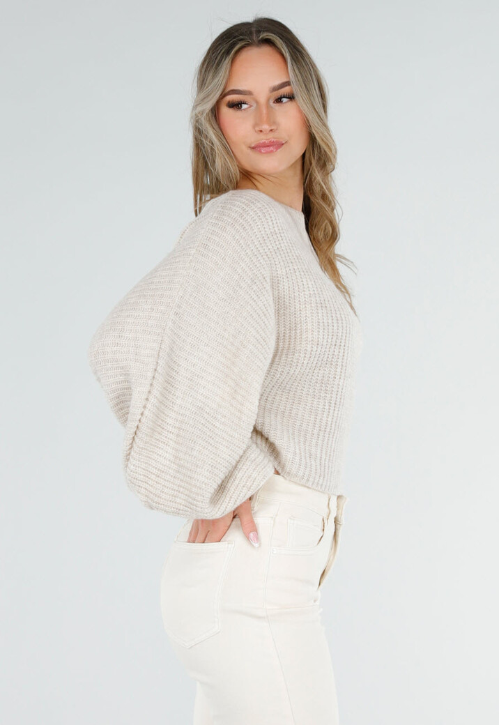 Beige Fijngebreide Trui met Boothals en Ballonmouwen