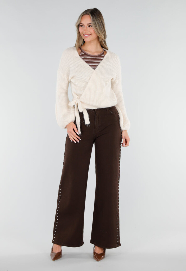 Beige Wollen Wikkel Vest met Strikdetail en Ballonmouwen