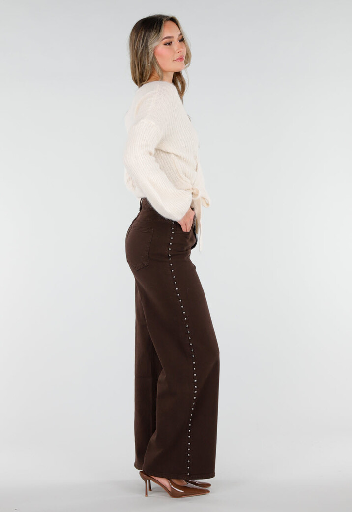 Beige Wollen Wikkel Vest met Strikdetail en Ballonmouwen