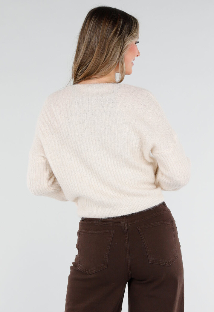 Beige Wollen Wikkel Vest met Strikdetail en Ballonmouwen