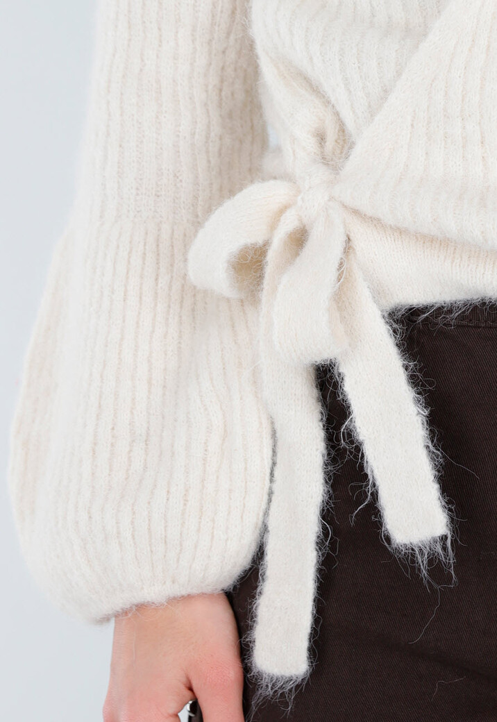 Beige Wollen Wikkel Vest met Strikdetail en Ballonmouwen