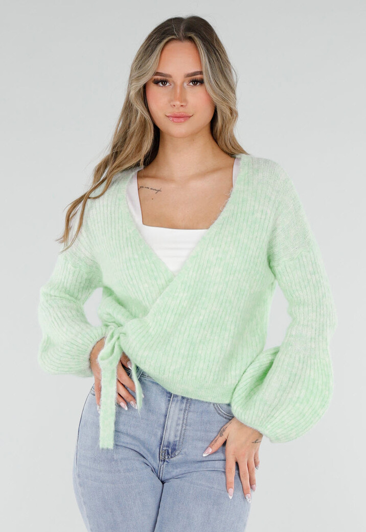 Mintgroene Wollen Wikkel Trui met Lange Ballonmouwen