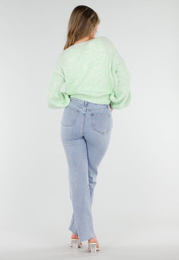 Mintgroene Wollen Wikkel Trui met Lange Ballonmouwen