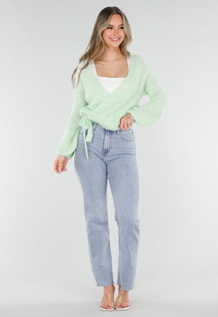 Mintgroene Wollen Wikkel Trui met Lange Ballonmouwen