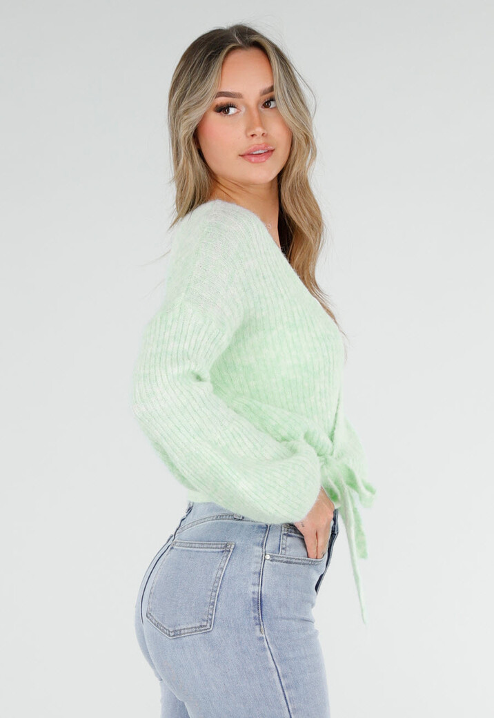 Mintgroene Wollen Wikkel Trui met Lange Ballonmouwen