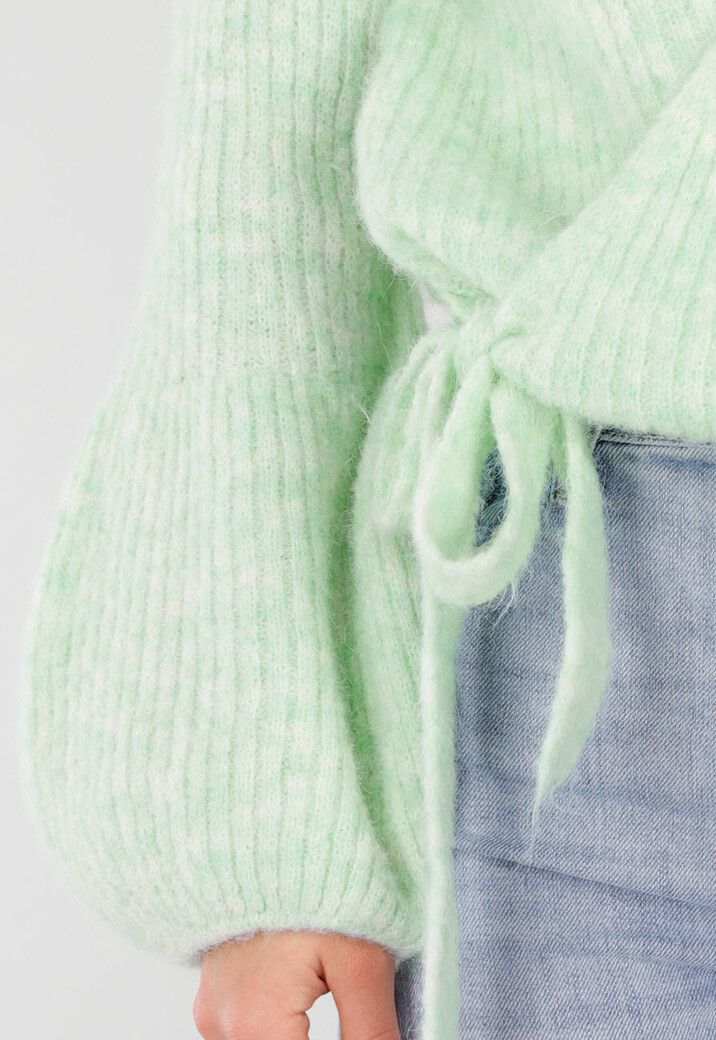 Mintgroene Wollen Wikkel Trui met Lange Ballonmouwen
