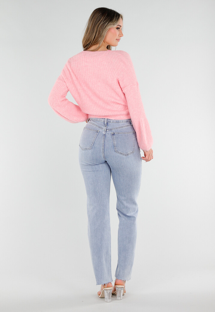 Roze Fijngebreid Overslag Vest met Strikdetail en Ballonmouwen