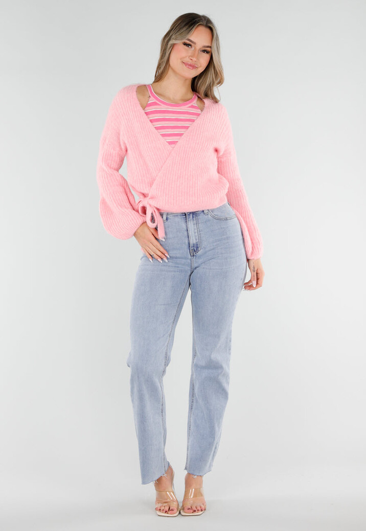 Roze Fijngebreid Overslag Vest met Strikdetail en Ballonmouwen