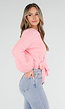Roze Fijngebreid Overslag Vest met Strikdetail en Ballonmouwen