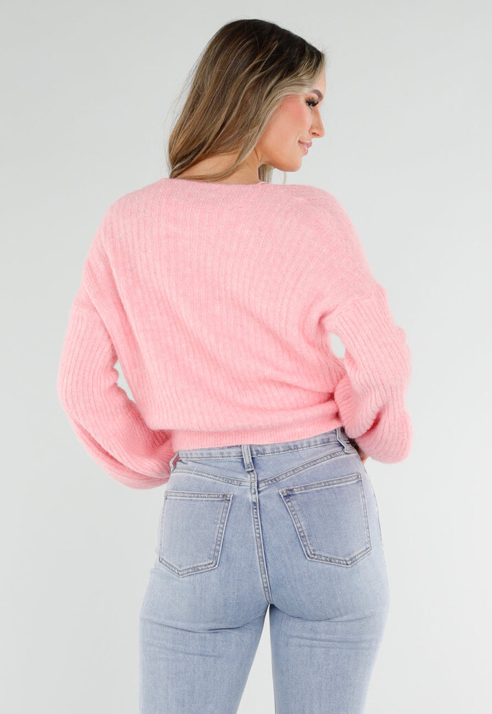 Roze Fijngebreid Overslag Vest met Strikdetail en Ballonmouwen