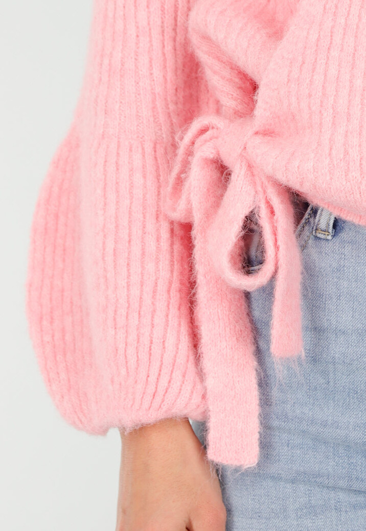 Roze Fijngebreid Overslag Vest met Strikdetail en Ballonmouwen