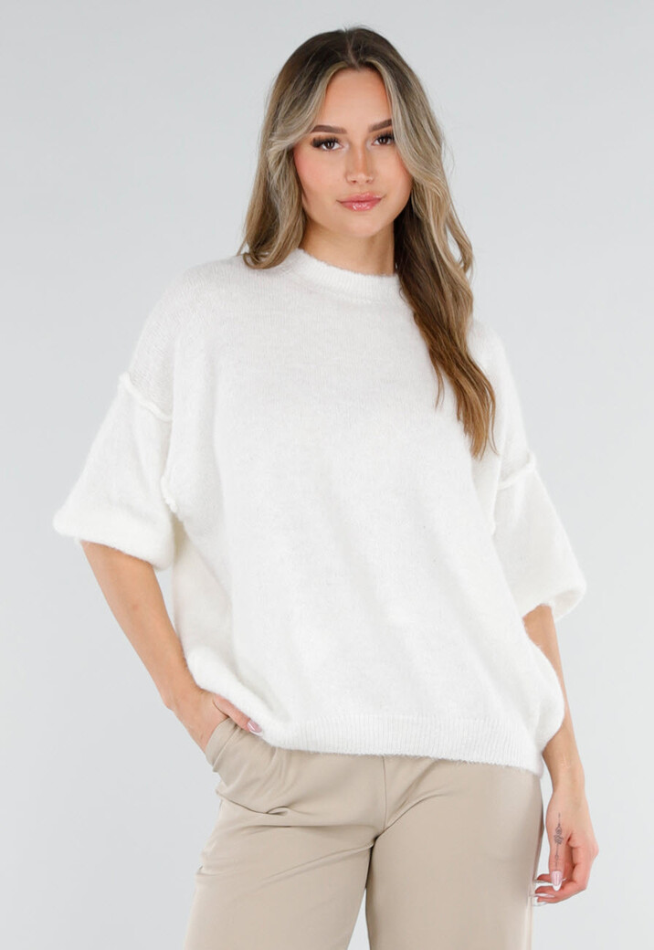 Witte Wolmix Trui met Halflange Mouwen