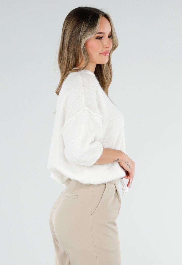 Witte Wolmix Trui met Halflange Mouwen