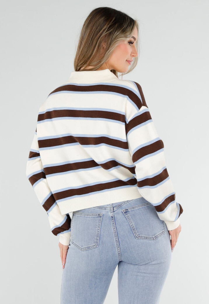 Gestreepte Polo Trui in Beige Bruin en Lichtblauw